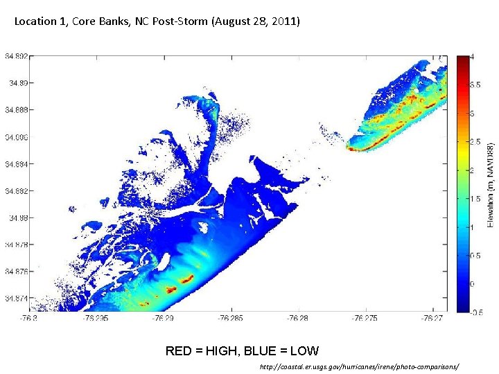Location 1, Core Banks, NC Post-Storm (August 28, 2011) RED = HIGH, BLUE =