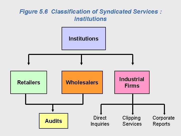 Figure 5. 6 Classification of Syndicated Services : Institutions Retailers Wholesalers Audits Direct Inquiries