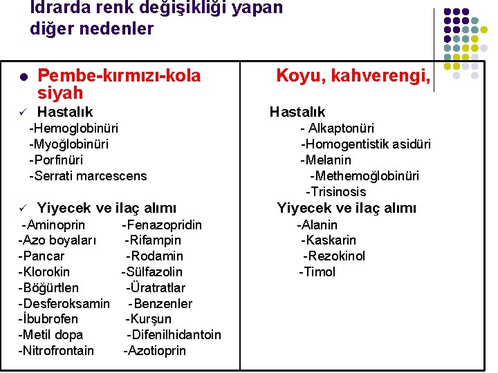 İdrarda renk değişikliği yapan diğer nedenler l Pembe-kırmızı-kola siyah ü Hastalık -Hemoglobinüri -Myoğlobinüri -Porfinüri