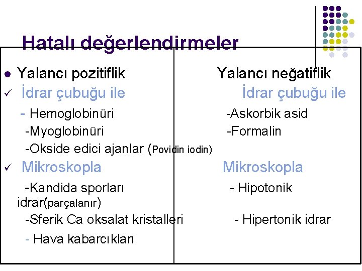 Hatalı değerlendirmeler l ü Yalancı pozitiflik İdrar çubuğu ile - Hemoglobinüri -Myoglobinüri -Okside edici