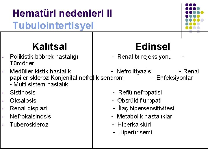 Hematüri nedenleri II Tubulointertisyel Kalıtsal • • Edinsel Polikistik böbrek hastalığı - Renal tx