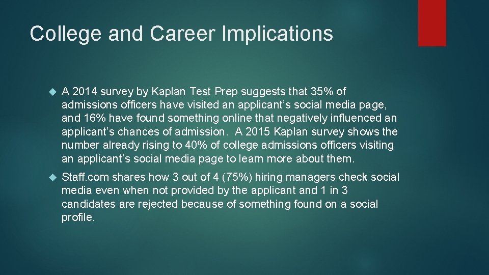 College and Career Implications A 2014 survey by Kaplan Test Prep suggests that 35%