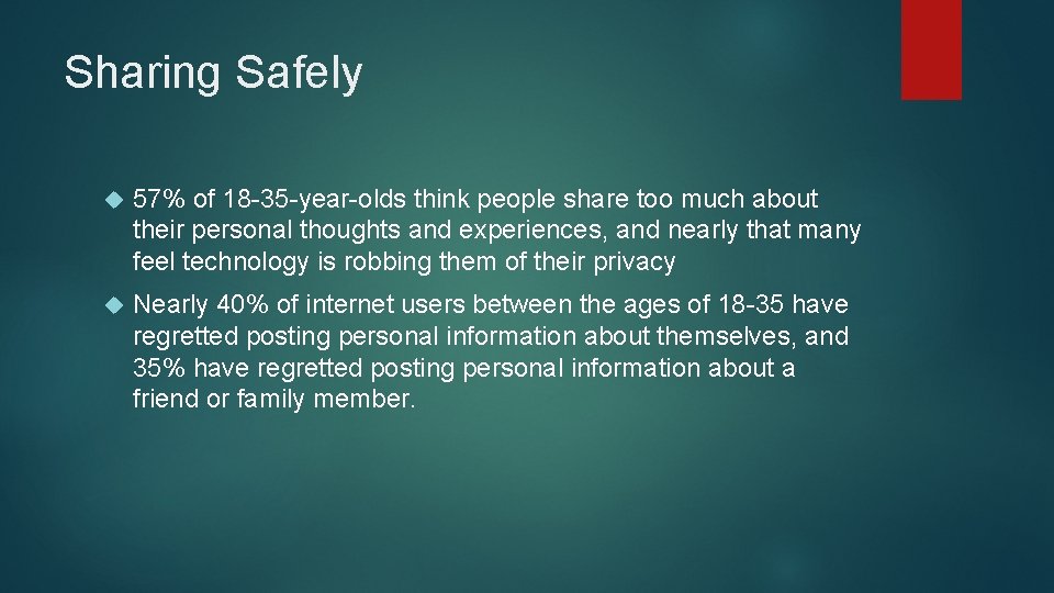 Sharing Safely 57% of 18 -35 -year-olds think people share too much about their