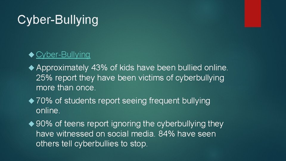 Cyber-Bullying Approximately 43% of kids have been bullied online. 25% report they have been