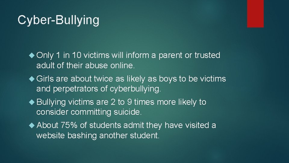 Cyber-Bullying Only 1 in 10 victims will inform a parent or trusted adult of