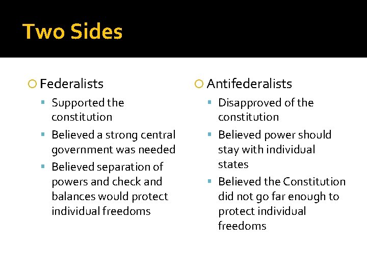 Two Sides Federalists Supported the constitution Believed a strong central government was needed Believed