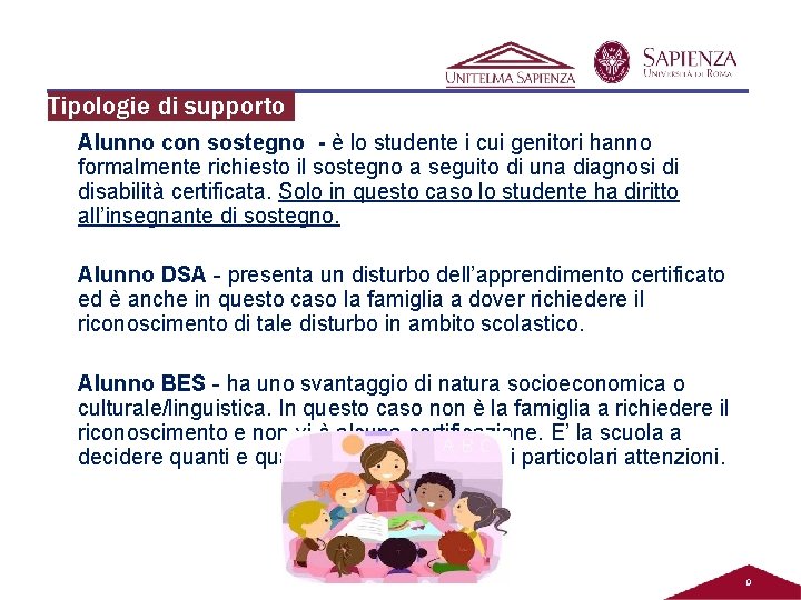 Tipologie di supporto Alunno con sostegno - è lo studente i cui genitori hanno