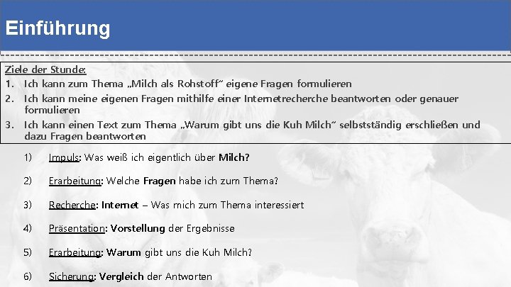 Einführung Ziele der Stunde: 1. Ich kann zum Thema „Milch als Rohstoff“ eigene Fragen