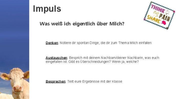 Impuls Was weiß ich eigentlich über Milch? Denken: Notiere dir spontan Dinge, die dir