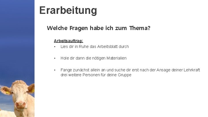 Erarbeitung Welche Fragen habe ich zum Thema? Arbeitsauftrag: • Lies dir in Ruhe das