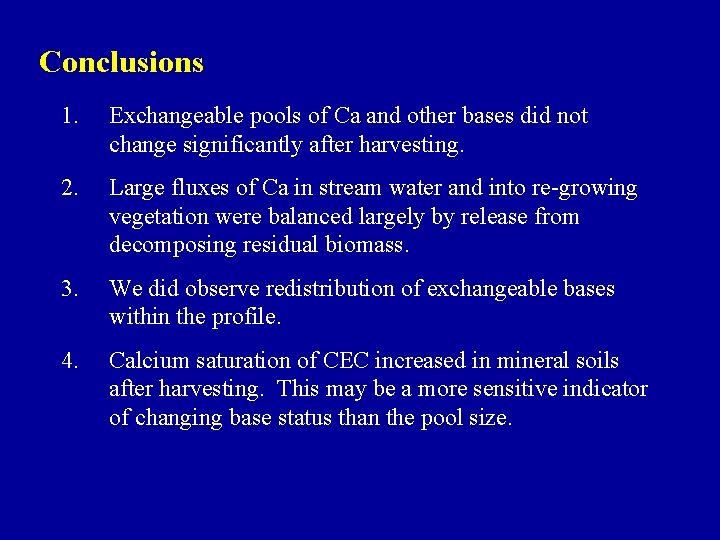 Conclusions 1. Exchangeable pools of Ca and other bases did not change significantly after