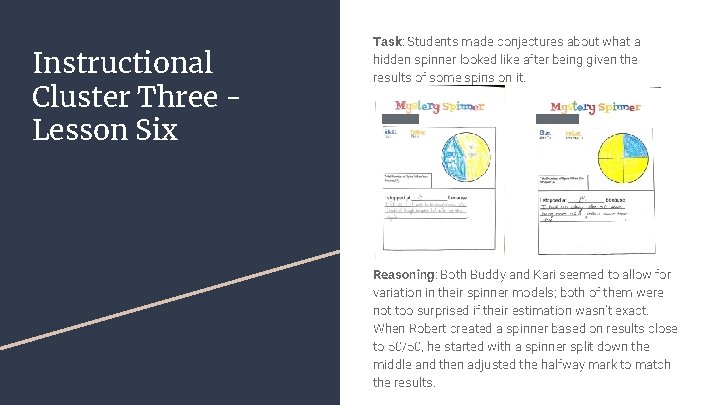 Instructional Cluster Three Lesson Six Task: Students made conjectures about what a hidden spinner