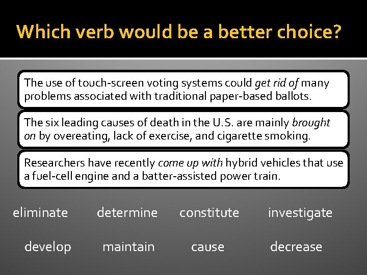 Which verb would be a better choice? The use of touch-screen voting systems could