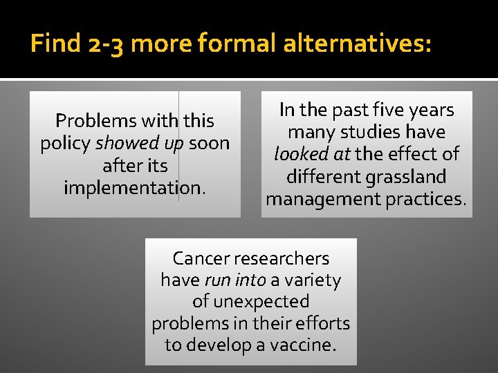 Find 2 -3 more formal alternatives: Problems with this policy showed up soon after