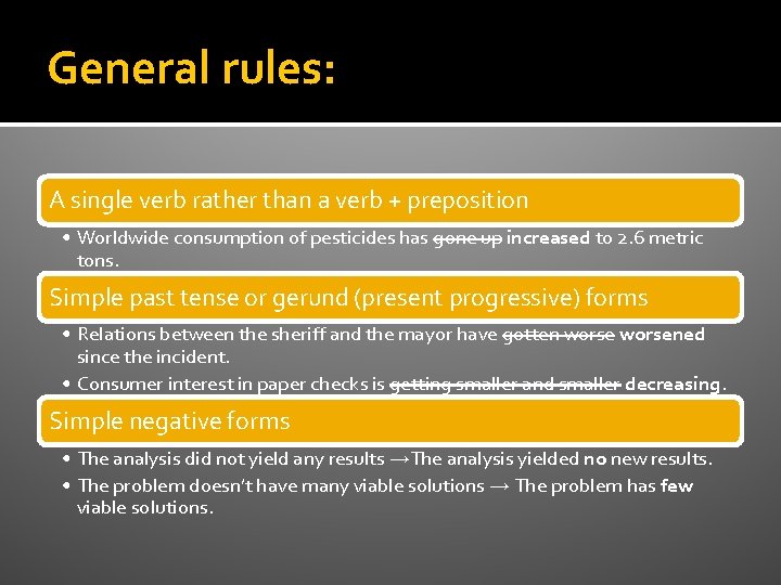 General rules: A single verb rather than a verb + preposition • Worldwide consumption