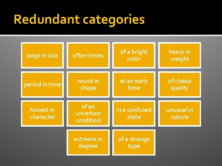 Redundant categories large in size often times of a bright color heavy in weight