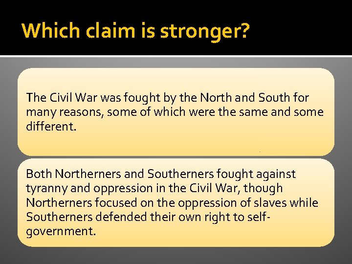 Which claim is stronger? The Civil War was fought by the North and South