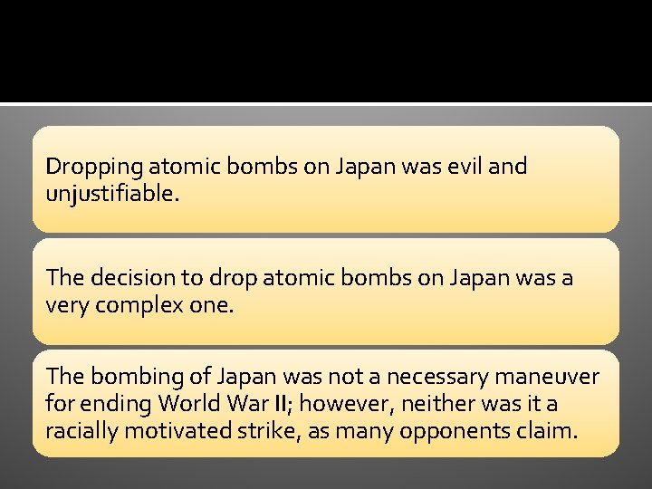 Dropping atomic bombs on Japan was evil and unjustifiable. The decision to drop atomic