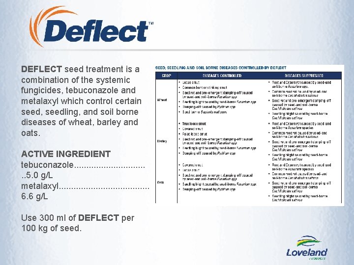 DEFLECT seed treatment is a combination of the systemic fungicides, tebuconazole and metalaxyl which DEFLECT seed treatment is a combination of the systemic fungicides, tebuconazole and metalaxyl which
