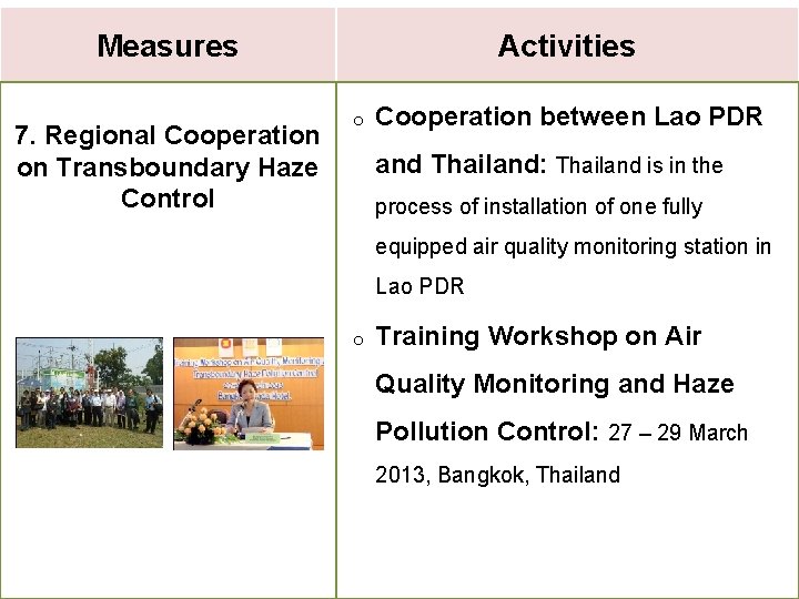 Measures 7. Regional Cooperation on Transboundary Haze Control Activities o Cooperation between Lao PDR