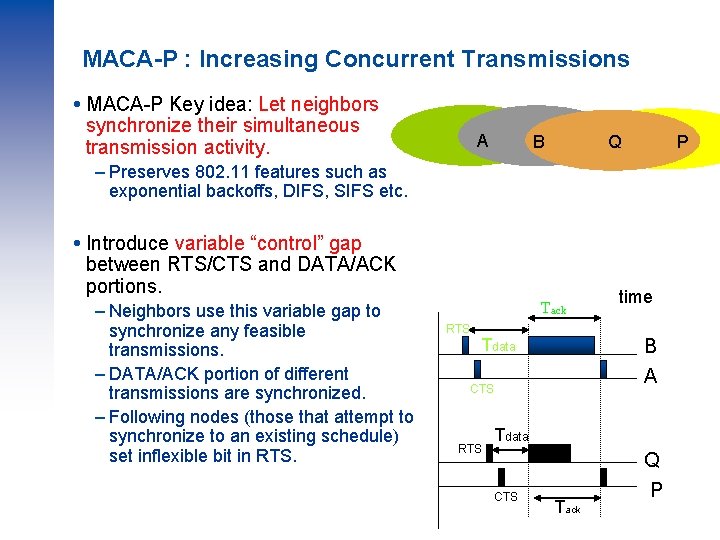 MACA-P : Increasing Concurrent Transmissions MACA-P Key idea: Let neighbors synchronize their simultaneous transmission