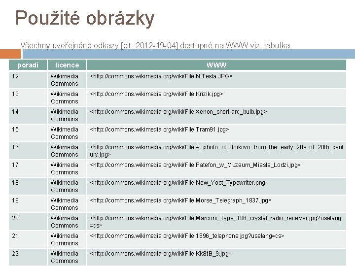 Použité obrázky Všechny uveřejněné odkazy [cit. 2012 -19 -04] dostupné na WWW viz. tabulka