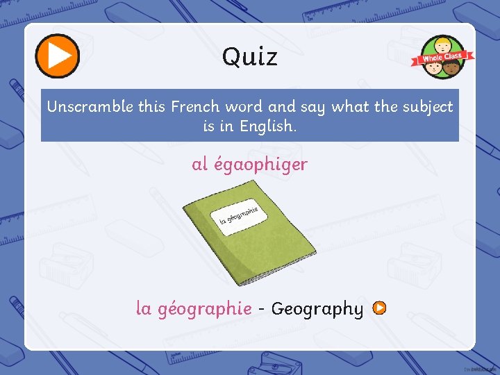 Quiz Unscramble this French word and say what the subject is in English. al