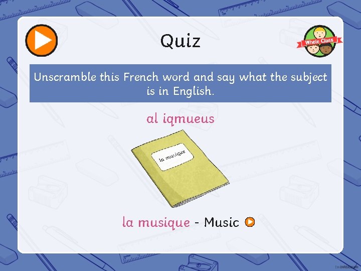 Quiz Unscramble this French word and say what the subject is in English. al