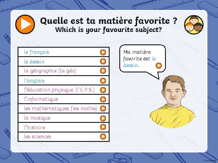 Quelle est ta matière favorite ? Which is your favourite subject? le français le