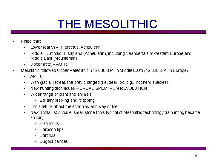 THE MESOLITHIC • • Paleolithic: • Lower (early) – H. erectus, Acheulean • Middle