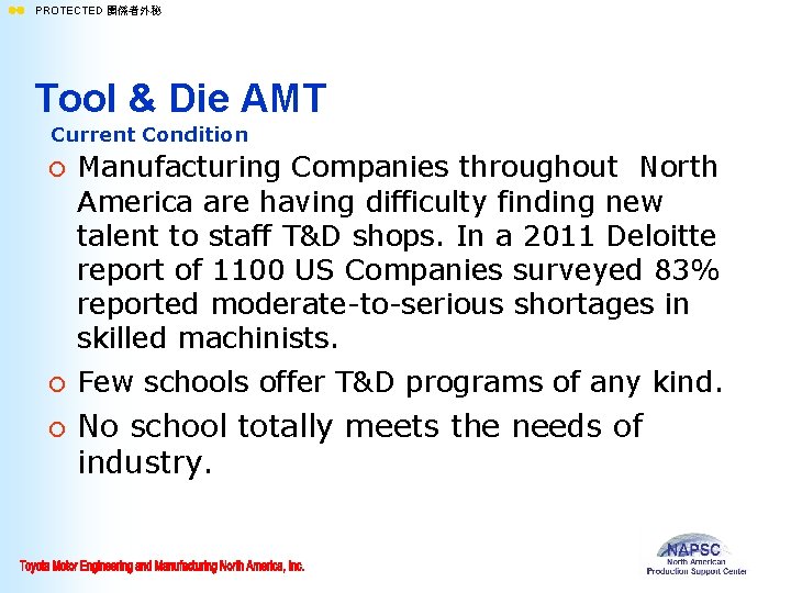 ll PROTECTED 関係者外秘 Tool & Die AMT Current Condition ¡ ¡ ¡ Manufacturing Companies