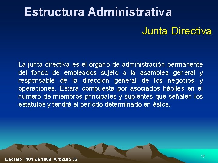 Estructura Administrativa Junta Directiva La junta directiva es el órgano de administración permanente del