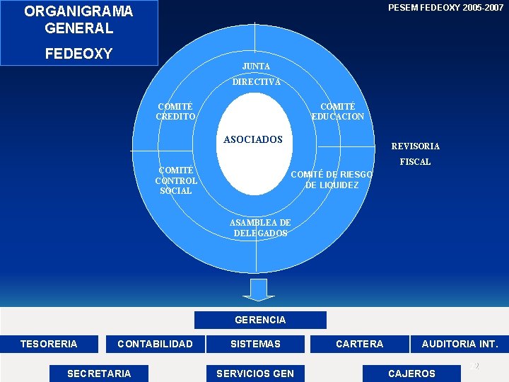 PESEM FEDEOXY 2005 -2007 ORGANIGRAMA GENERAL FEDEOXY JUNTA DIRECTIVA COMITÉ CREDITO COMITÉ EDUCACION ASOCIADOS