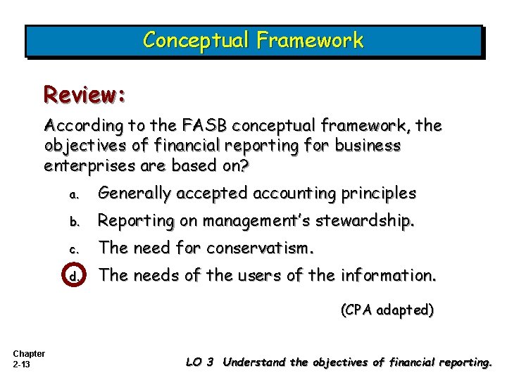 Conceptual Framework Review: According to the FASB conceptual framework, the objectives of financial reporting