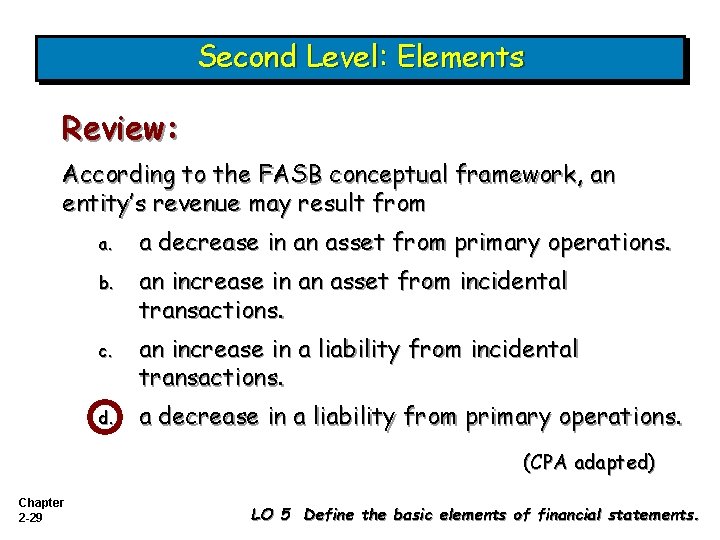 Second Level: Elements Review: According to the FASB conceptual framework, an entity’s revenue may