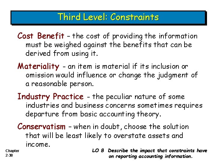 Third Level: Constraints Cost Benefit – the cost of providing the information must be