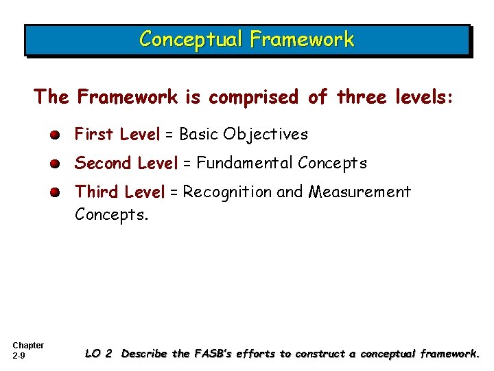 Conceptual Framework The Framework is comprised of three levels: First Level = Basic Objectives