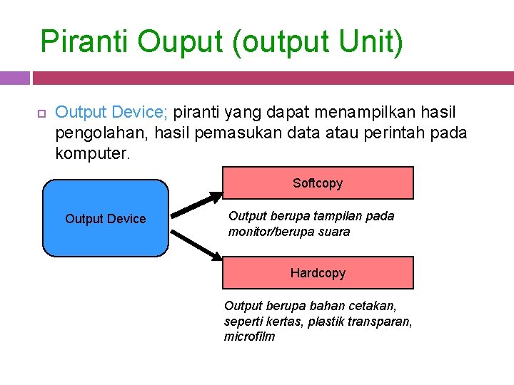 Piranti Ouput (output Unit) Output Device; piranti yang dapat menampilkan hasil pengolahan, hasil pemasukan