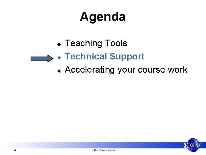 Agenda u u u 4 Teaching Tools Technical Support Accelerating your course work Xilinx