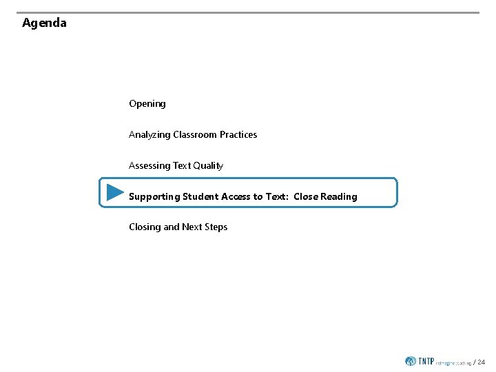 Agenda Opening Analyzing Classroom Practices Assessing Text Quality Supporting Student Access to Text: Close