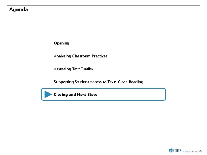 Agenda Opening Analyzing Classroom Practices Assessing Text Quality Supporting Student Access to Text: Close