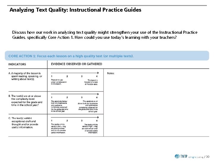 Analyzing Text Quality: Instructional Practice Guides Discuss how our work in analyzing text quality