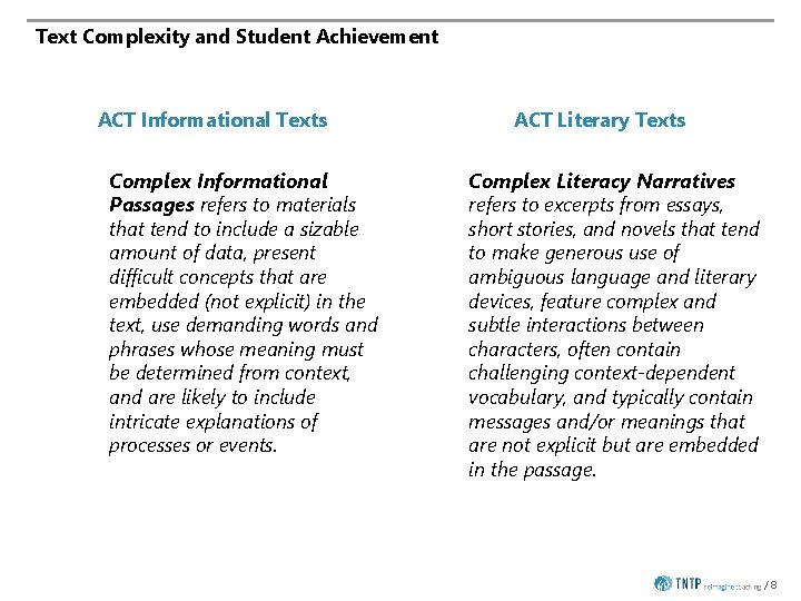 Text Complexity and Student Achievement ACT Informational Texts Complex Informational Passages refers to materials