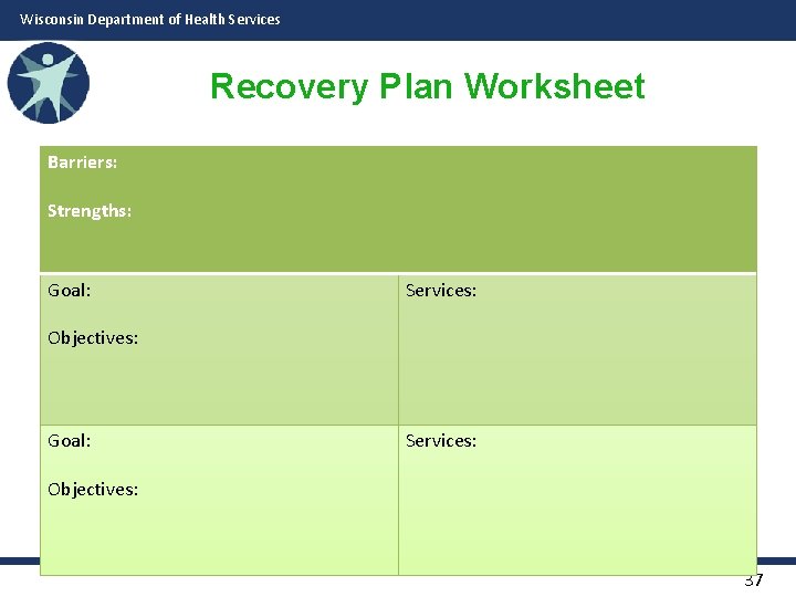 Wisconsin Department of Health Services Recovery Plan Worksheet Barriers: Strengths: Goal: Services: Objectives: 37