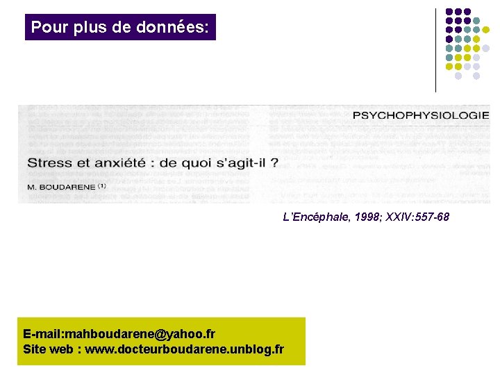 Pour plus de données: L’Encéphale, 1998; XXIV: 557 -68 E-mail: mahboudarene@yahoo. fr Site web