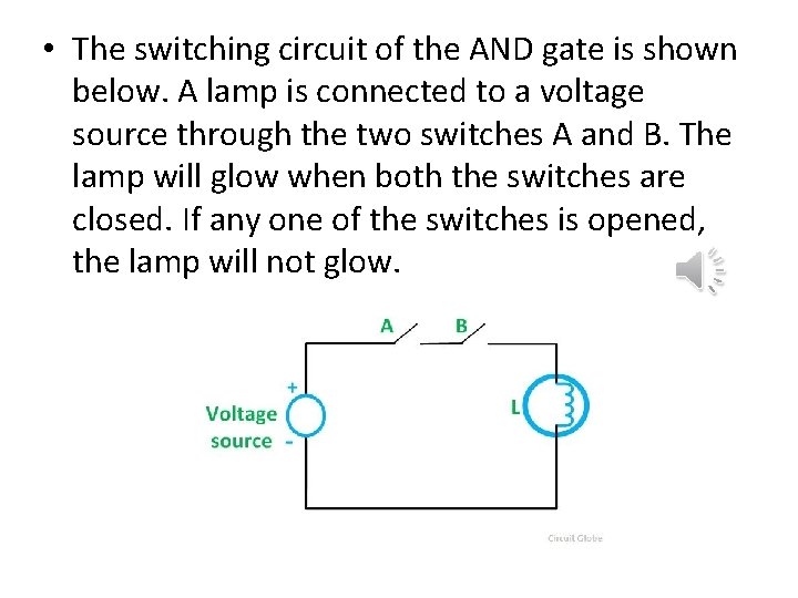  • The switching circuit of the AND gate is shown below. A lamp