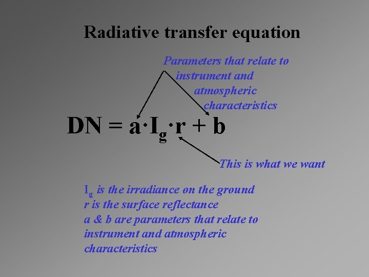 Radiative transfer equation Parameters that relate to instrument and atmospheric characteristics DN = a·Ig·r