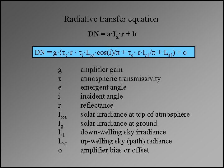 Radiative transfer equation DN = a·Ig·r + b DN = g·(te·r · ti·Itoa·cos(i)/p +