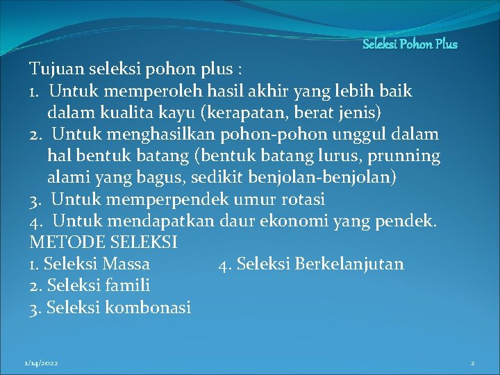 Seleksi Pohon Plus Tujuan seleksi pohon plus : 1. Untuk memperoleh hasil akhir yang Seleksi Pohon Plus Tujuan seleksi pohon plus : 1. Untuk memperoleh hasil akhir yang