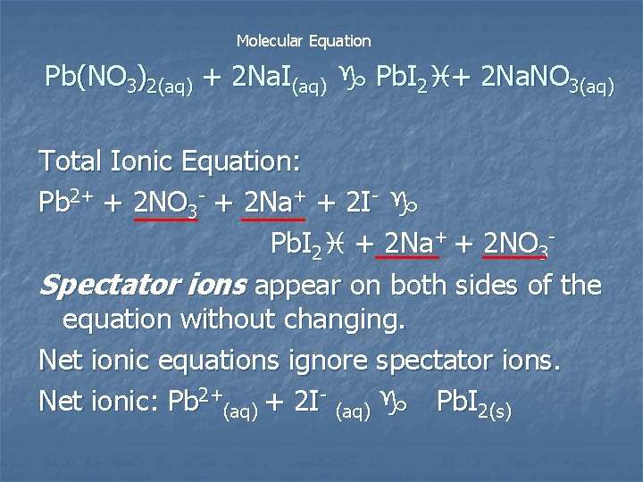 Molecular Equation Pb(NO 3)2(aq) + 2 Na. I(aq) g Pb. I 2 i+ 2